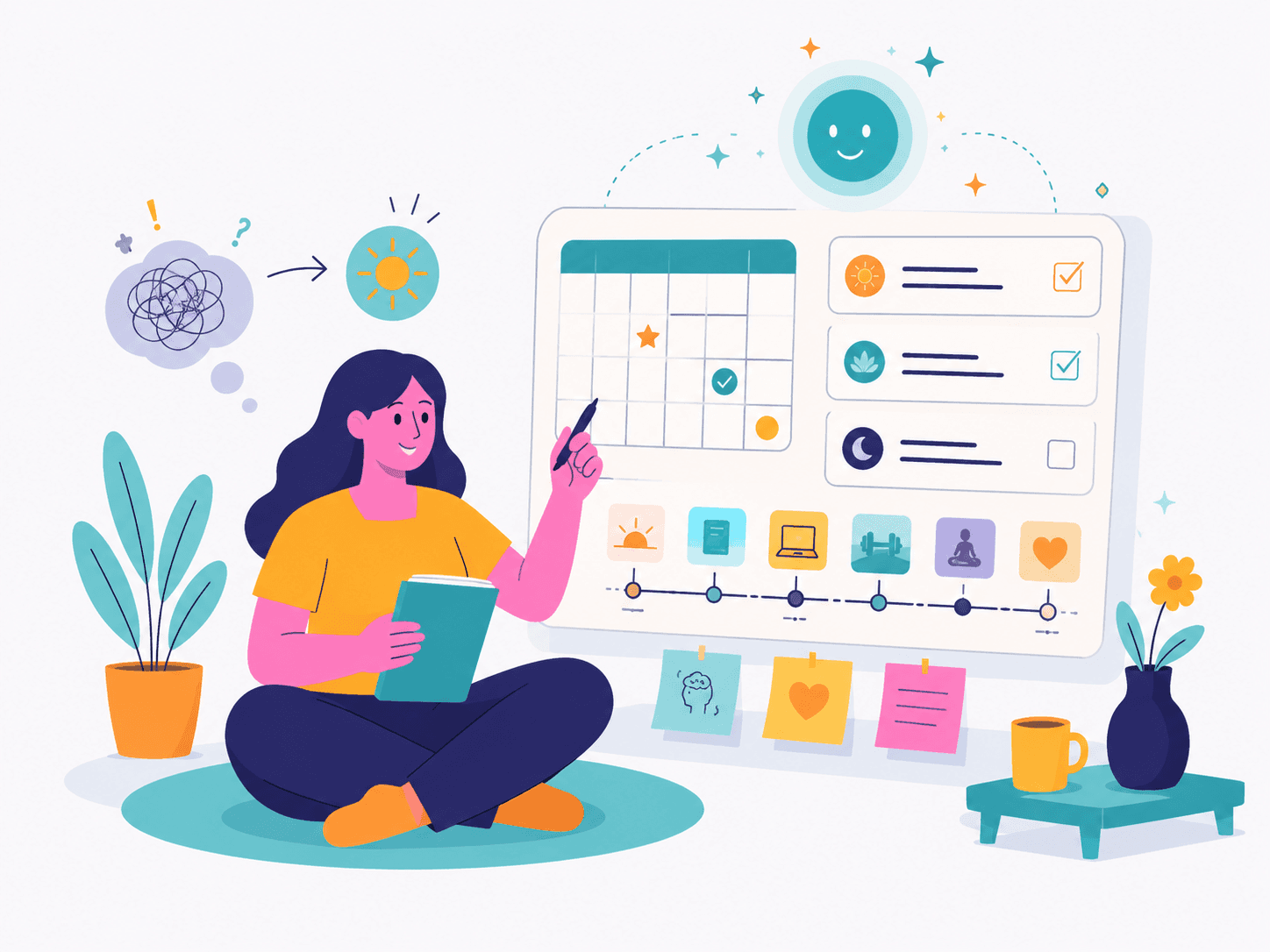 Ilustração de uma pessoa organizando tarefas, agenda e sentimentos com apoio de uma assistente de IA.
